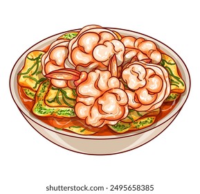 Thai kaeng som illustration vector. Thai sour curry soup with shrimp and climbing wattle omelette (Cha-om) Spicy sour thai shrimp and fried egg with climbing wattle soup. Shrimp sour curry (Thai food)