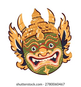 Thai Khon mask with green face, golden crown, horns, feather ornaments, red details, wide eyes and teeth. Temple dance symbol with Thai Khon mask, cartoon vector illustration.