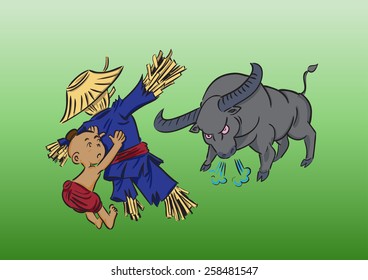 Thai kid hiding from the angry buffalo behind the scarecrow