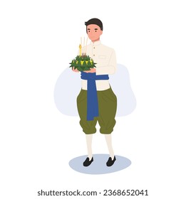 Thai Krathong Festival Illustration. A man in traditional dress holding Krathong. Loy Krathong Traditional Festival in Thailand