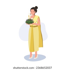 Thai Krathong Festival Illustration. A woman in traditional dress holding Krathong. Loy Krathong Traditional Festival in Thailand