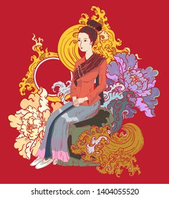 Thai Lady in traditional suit with peony flower and water splash and red sun.Design for wallpaper and tattoo.Thai beautyful girl illustration and coloring book.