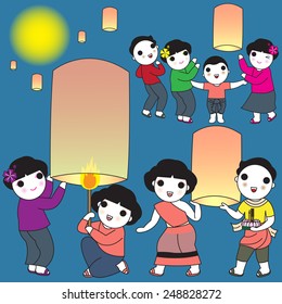 Thai Lanna Style Floating Lanterns Festival characters illustration set