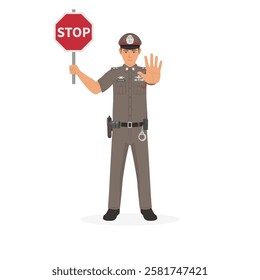 Thai Law Enforcement Officer using a hand sign to stop and holding a stop sign board vector illustration