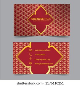 Thai line red, golden creative business card and name card, horizontal simple clean template vector design, layout in rectangle size. Flat Design Vector Illustration. Stationery Design.