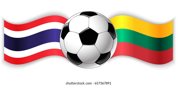 Thai and Lithuanian wavy flags with football ball. Thailand combined with Lithuania isolated on white. Football match or international sport competition concept.