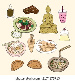 Thai local food, drinks, Buddha statue, on yellow background, vector