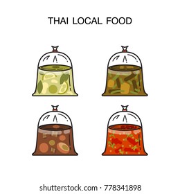 Thai Local Food,4 Kind Of Food In Hot Food Plastic Bags