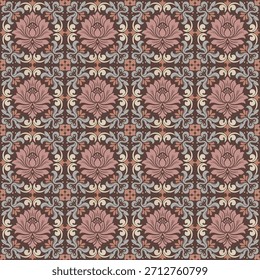Patrón de damasco de loto tailandés adorno sin costuras vintage, elegante decorativo patrón de damasco de loto tailandés para textiles y Fondo de pantalla, diseño de fondo de patrón de damasco de loto tailandés floral clásico.