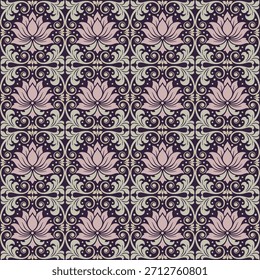Tailandês Lotus Damask Pattern vintage ornamento sem costura, decorativo elegante tailandês Lotus Damask Pattern para têxteis e papel de parede, floral clássico Tailandês Lotus Damask Pattern design de fundo.