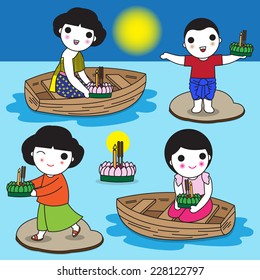 Thai Loy Krathong Festival characters illustration set