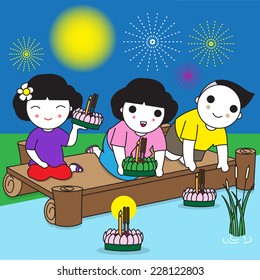 Thai Loy Krathong Festival characters illustration set