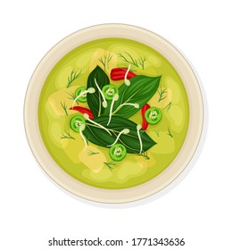 Curso principal tailandés con iluminación vectorial de vista superior de la sopa verde