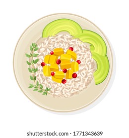 Thai Main Course with Rice and Mango Cubes Top View Vector Illustration