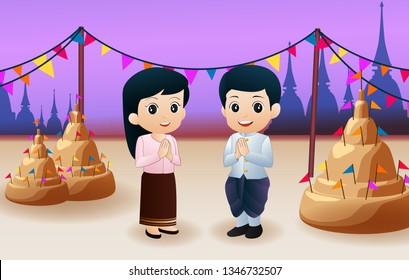 Thai male and female  In traditional dress pay respect in Songkran day  graphic vector