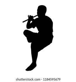 Thai man with his nation musical equipment (flute) silhouette on white