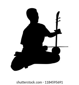 Thai man with his nation musical equipment (alto fiddle) silhouette on white