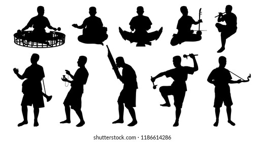 Thai man with his nation musical equipment silhouette on white