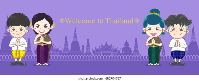 Thai man women boy and girl illustration characters wear thai costume They are thai hello  present on  purple color silhouette temple background vector banner design with Welcome to Thailand word