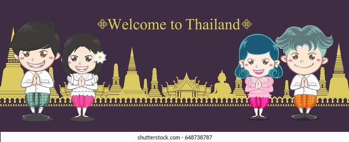 Thai man and women characters wear thai costume They are present thai hello on gold color silhouette temple background vector banner design with Welcome to Thailand wording