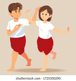 Thai Man and Women perform Traditional Dancing A Dance Of Thailand, Vector of Cute boy and girl in Thai dance student costume. Vector illustration
