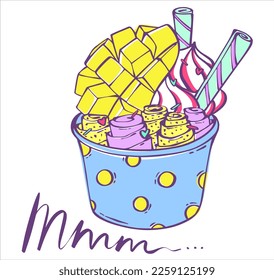 Thai mango ice cream topped with cookies and whipped cream. Asian street food. Frozen fruits. Flat vector illustration. Sweet food.