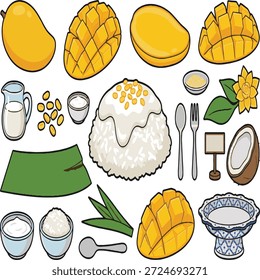 Conjunto de Vector de arroz pegajoso de mango tailandés. Postre de verano tradicional con leche de coco y hoja de plátano aislado en blanco