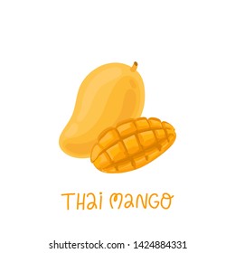 Thai mango. Whole fruit and sliced half. Vector image on white background. It can be used for menu, banner, poster and other marketing materials. 