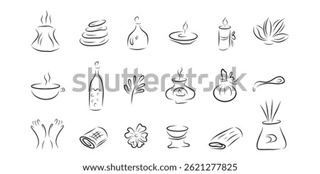 Thai massage and elements spa treatment clipart. Hand drawn illustration set aromatherapy and stone massage for spa design.