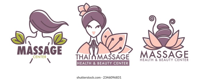 Thai massage and procedures for clients, isolated icons or logotypes of beauty centers and spa salons. Care for skin and back muscles, techniques for relief of tension. Vector in flat styles