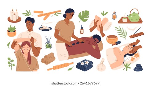Thai massage therapy scenes set featuring traditional techniques hot stone therapy, head massage and Thai yoga massage. Hand drawn vector illustration for spa app, website.