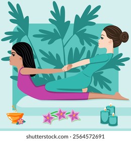 Thai massage. Therapy and treatment by professional therapist in SPA. Isolated flat vector illustration. European and Indian ethnicity.