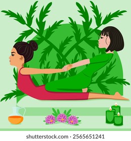 Thai massage. Therapy and treatment by professional therapist in SPA. Isolated flat vector illustration. Asian and Eastern ethnicity.