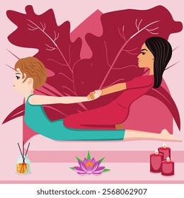 Thai massage. Therapy and treatment by professional therapist in SPA. Isolated flat vector illustration. Eastern and European ethnicity.