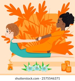Thai massage. Therapy and treatment by professional therapist in SPA. Isolated flat vector illustration. African and European ethnicity.