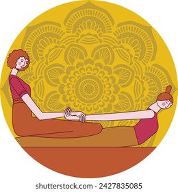 Thai massage treatment by professional therapist in spa. Traditional Asian stretching therapy. Isolated flat vector illustration in circle shape.