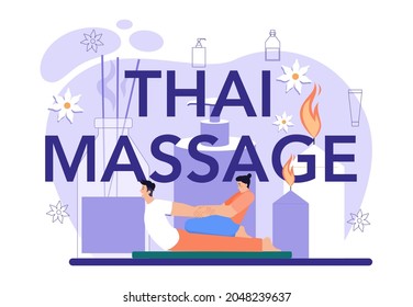 Thai massage typographic header. Spa procedure in beauty salon. Massage back treatment and relaxation therapy. Therapist massage a client on table. Isolated flat illustration