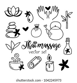 Thai massage vector set with cute icons of different spa accessories.