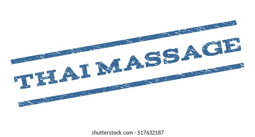 Thai Massage watermark stamp. Text caption between parallel lines with grunge design style. Rubber seal stamp with unclean texture. Vector cobalt blue color ink imprint on a white background.