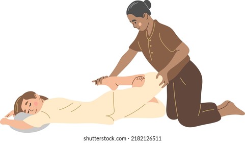 Thai Massage. A Woman From Thailand Gives A Massage To A Female Tourist.