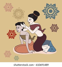 Thai massages style with vintage color tone in hand drawn illustration (vector)