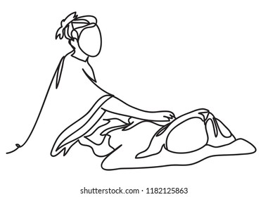 Thai Massagist Doing Massage For European Woman In Spa Salon. Continuous Line Drawing. Vector Illustration. Isolated