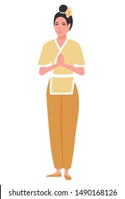 Die thailändische Masseuse hält traditionell Gruß. Asiatische Therapeutin in traditioneller thailändischer Kostüme. Frische weibliche Figur für Banner Spa Service Salon. Farbige Vektorillustration im flachen Cartoon-Stil