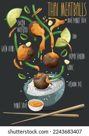 Bolas de carne tailandesas con salsa de cacahuete. Ilustración del vector
