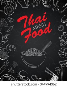 Thai menu front page with hand drawn elements on black background vector illustration 