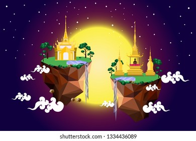 Thai modern castle on low polygon island with full moon night background, Thai palace or the golden temple in flat design