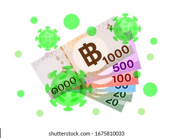 thai money banknote contaminated with viruses, virus or bacteria infection from paper money concept, virus on 1000 baht banknote money thailand, pile currency THB and virus monster symbol, vector