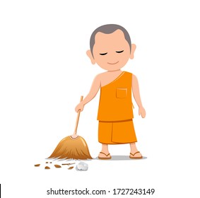 La escoba del monje tailandés es barrido de hoja, diseño aislado en fondo blanco, ilustración vectorial