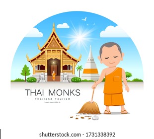 Thai monk holding broom is leaf sweep, Thailand temple and pagoda background, vector illustration