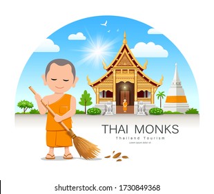 Thai monk is leaf sweep design Thailand temple and pagoda background, vector illustration